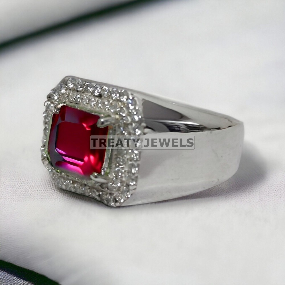 Ruby Emerald Cut Gemstone With 14K Solid White Gold Ring For Men's #999