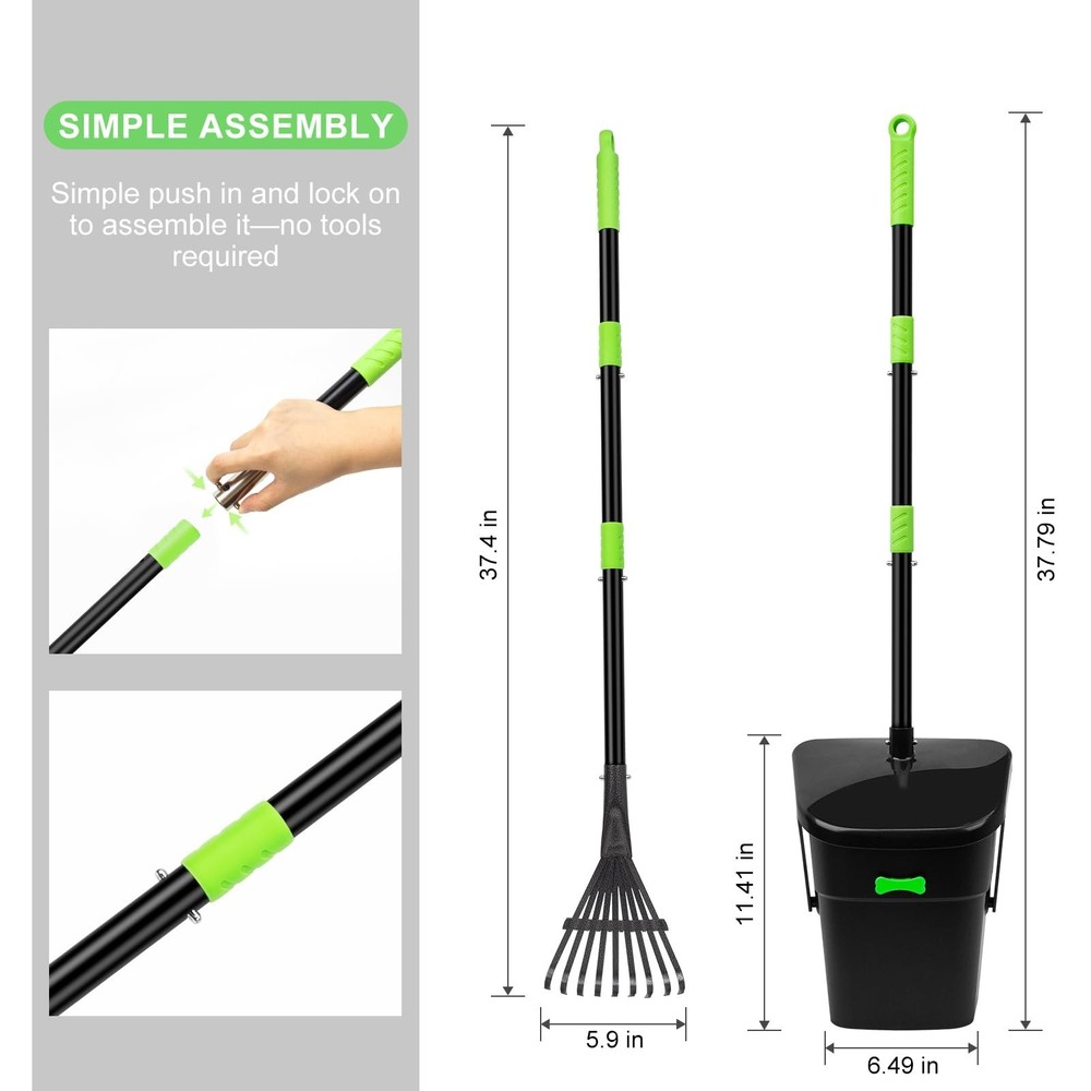 Pooper Scooper with Heavy Duty Swivel Bin & Rake, Long Handle for Medium/Smal...