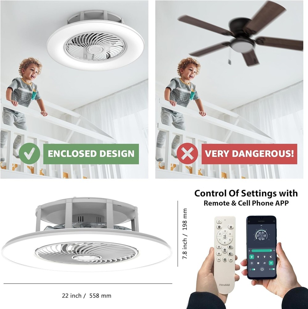 PrimeMall Bladeless Ceiling Fan with Light and Remote Control 22" Low Profile Ce