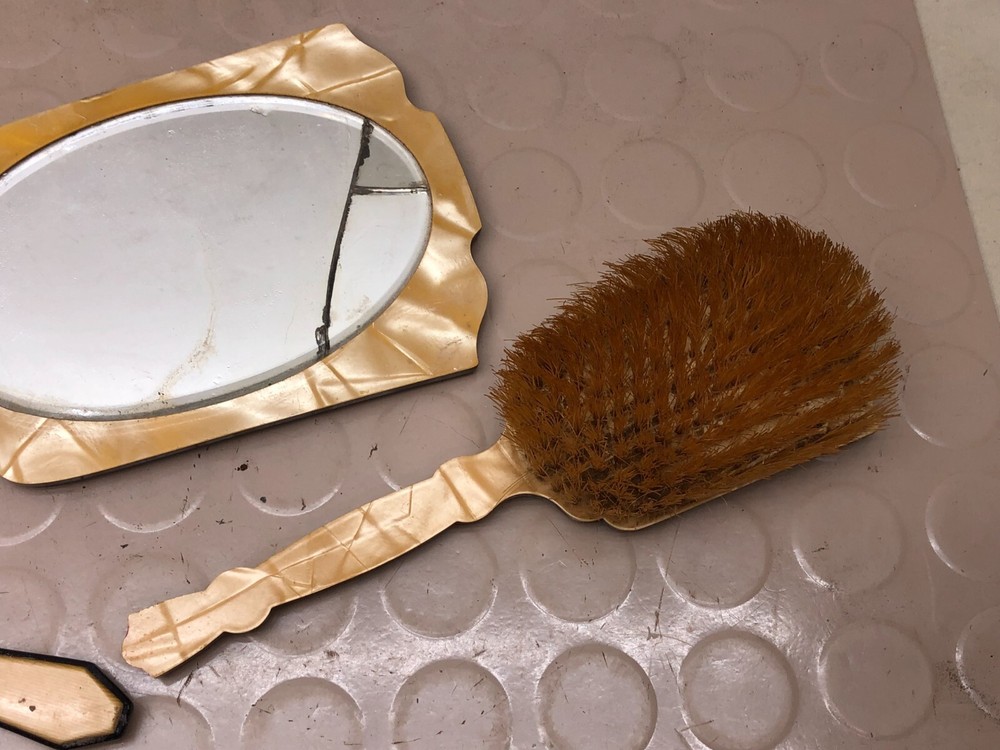 Vintage Gold Marble Bakelite Vanity Set Mirror Brush Hook