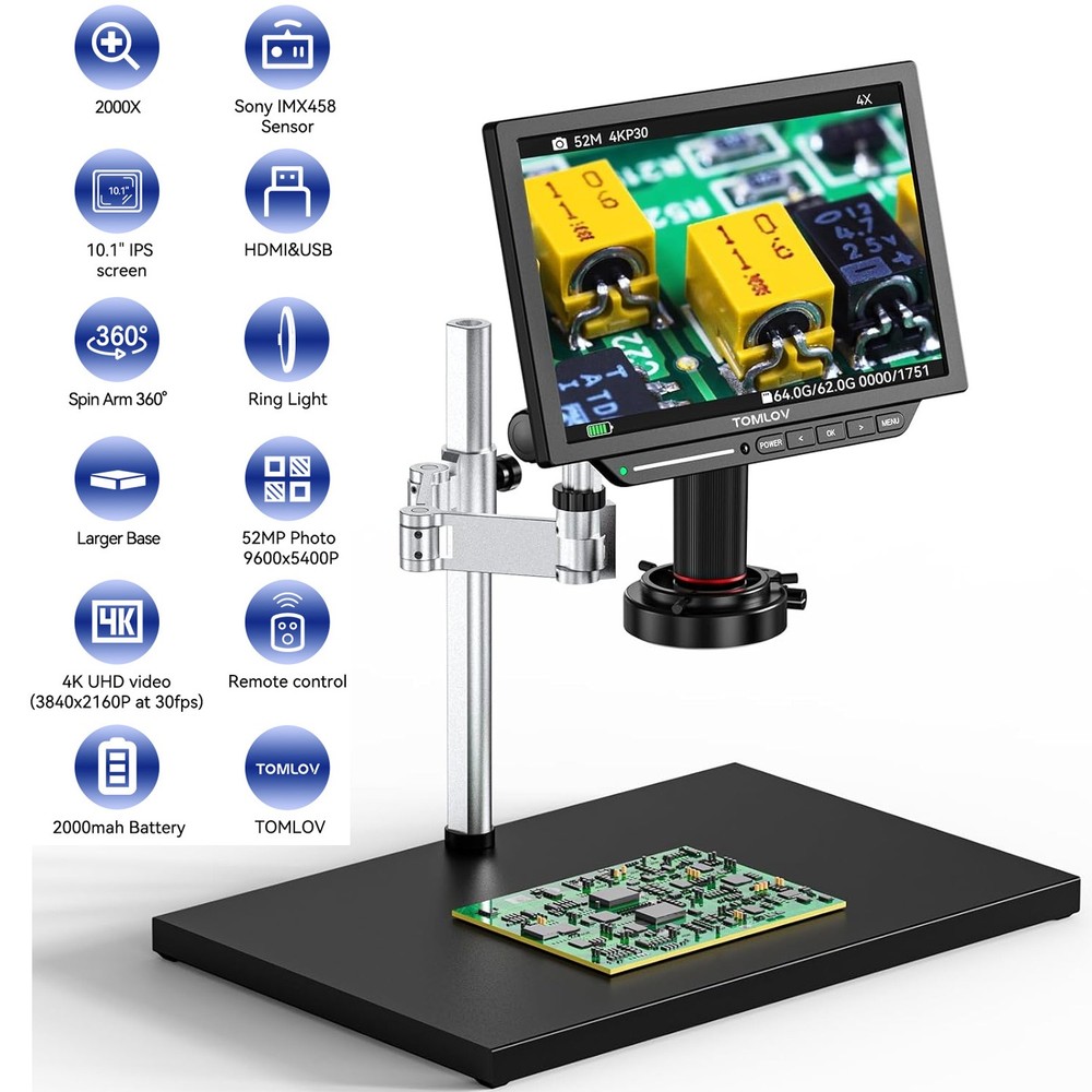 TOMLOV 4K Digital Microscope Spin Arm Soldering Microscope 52MP Coin MicroScope