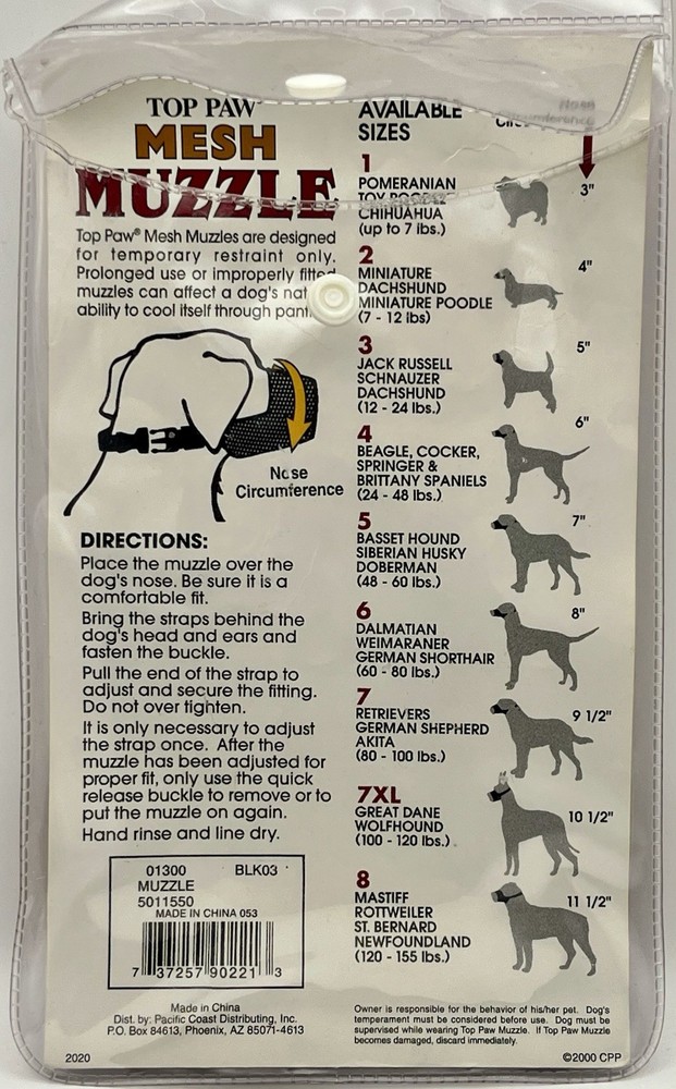 Top Paw Muzzle Adjustable Mesh Muzzle Size 3 12-24 lbs Nose 5 inches Black
