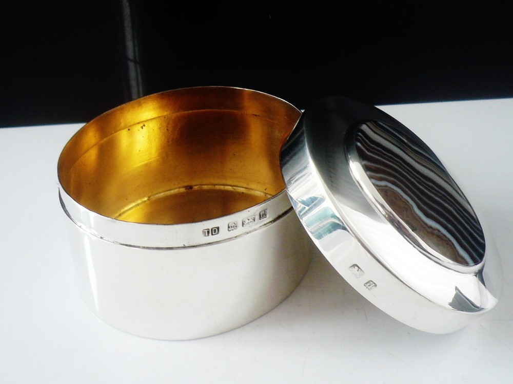 Sterling Silver Box , Large Agate Set Lid, Thomas Ducrow, Birmingham 1903