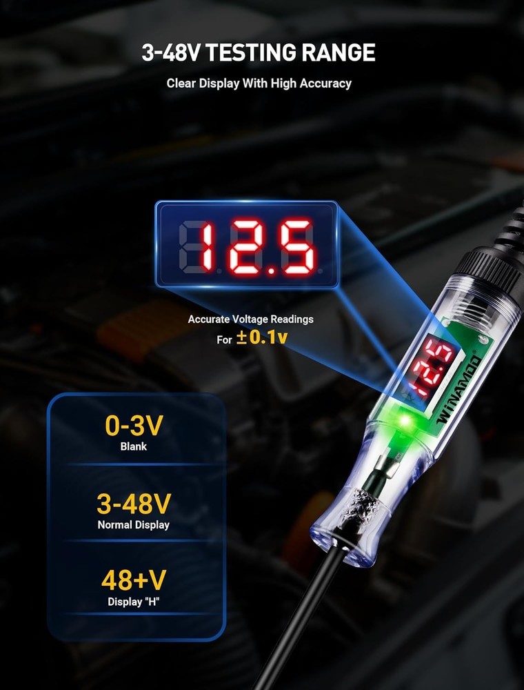 Automotive Light with 3-48V LED Digital Voltage Display, Auto Circuit Teste