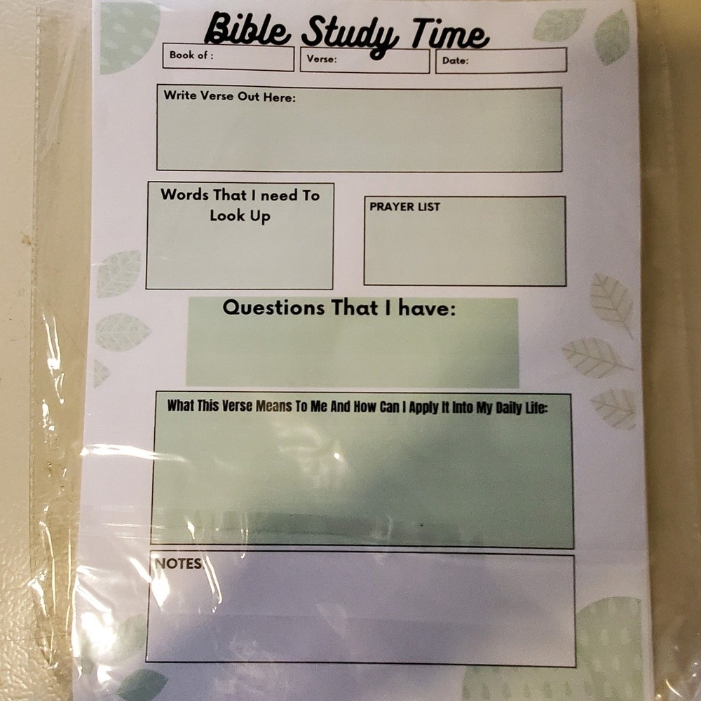 Bible Study Time Notepad 50 Sheets Devotional Prayer Journal Leaf Design Green