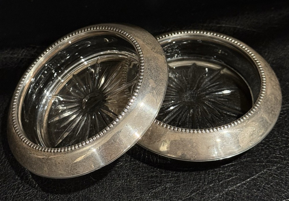 Sterling Silver Glass Coaster Pair