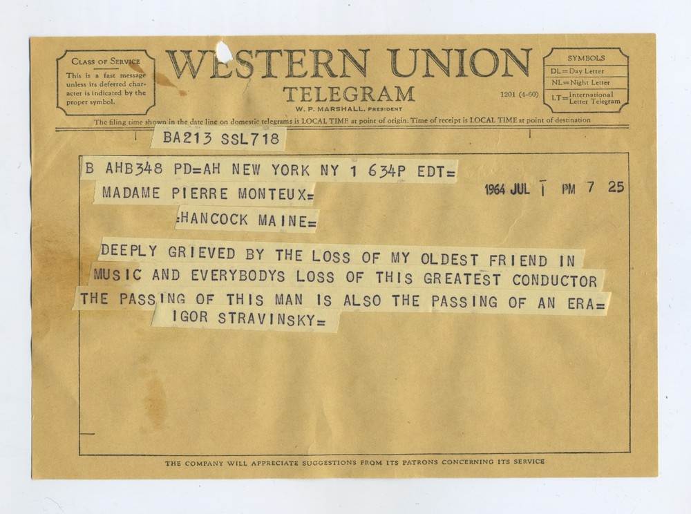 Igor STRAVINSKY: Condolence Telegram Upon Pierre MONTEUX's Death