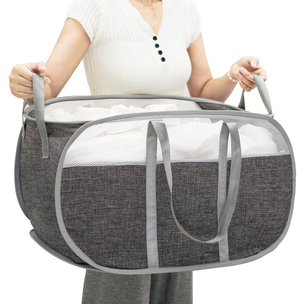 Pop-Up Laundry Basket，collapsible Mesh Laundry Hamper– With Extended Shoulder...