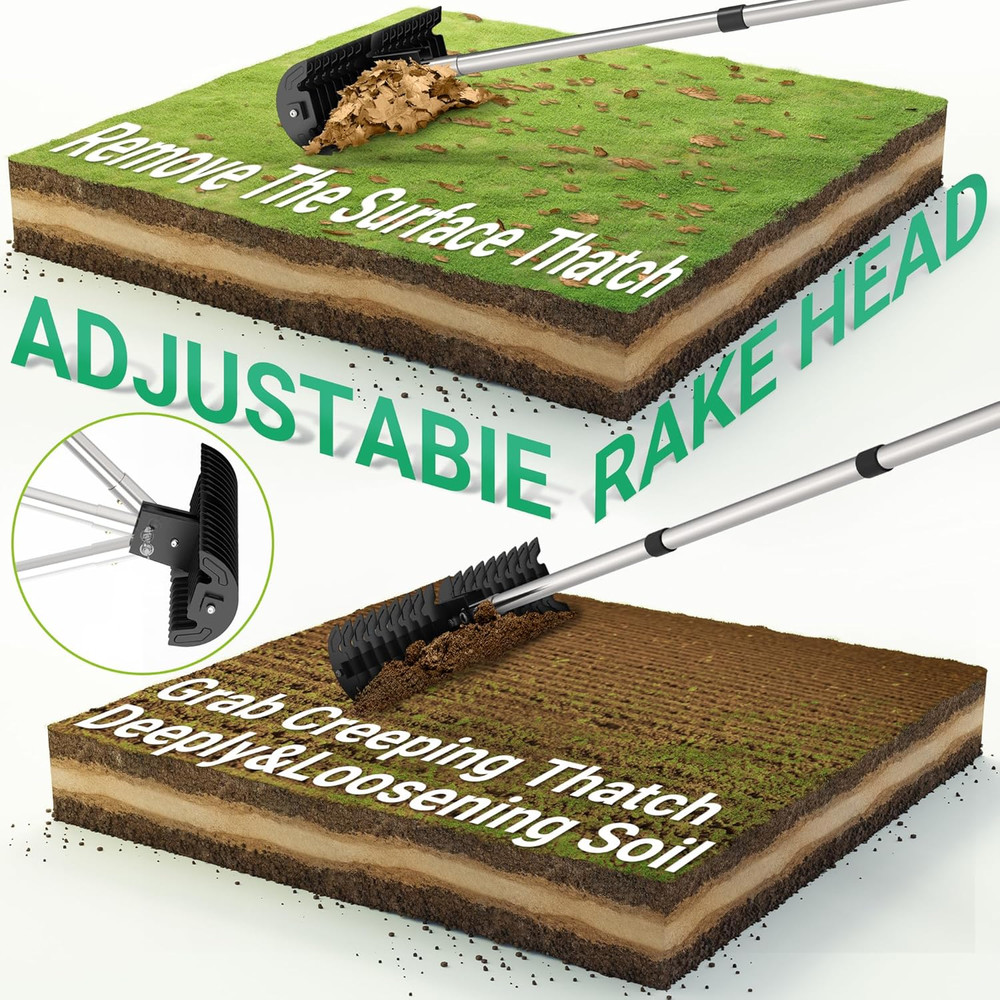 Lawn Thatch Rake, 15-Inch Steel Dethatching Tool, Adjustable 0-15° Angle and 38-