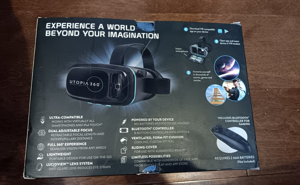 Utopia 360 Virtual Reality 3D Headset + Bluetooth Controller New In Box