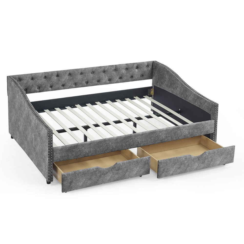 Full Size Daybed Upholstered Bed Frame Sofa Bed w/ 2 Storage Drawer US