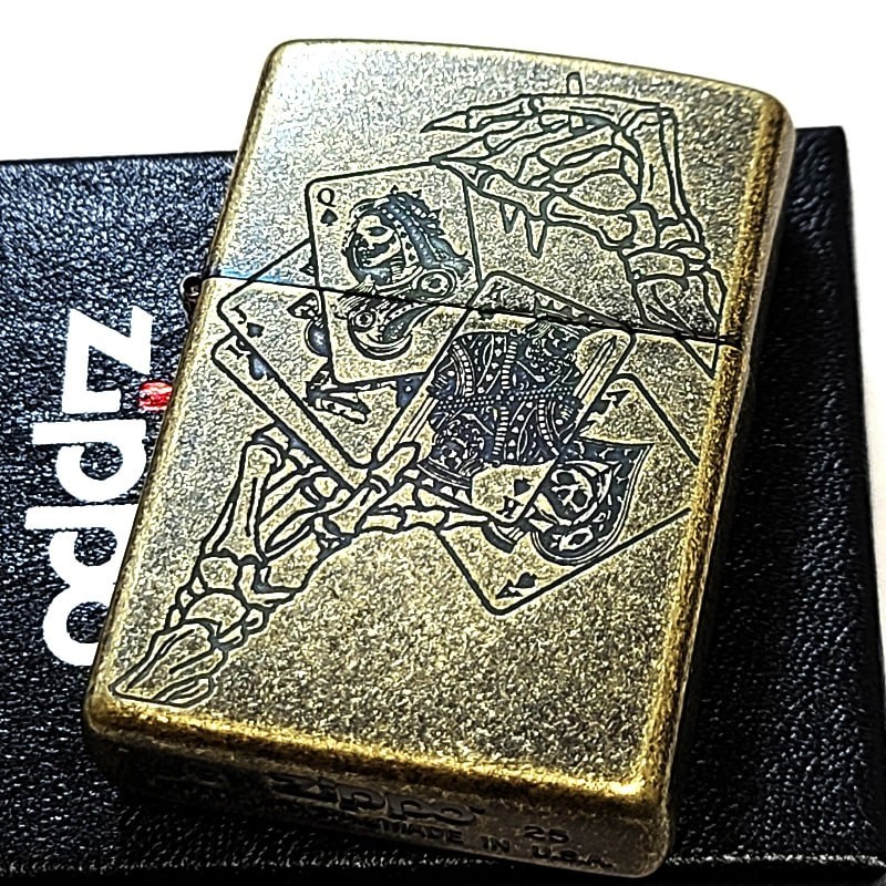 Zippo Antique Poker Playing Cards Skull Gold Etching One Side Processing Lighter
