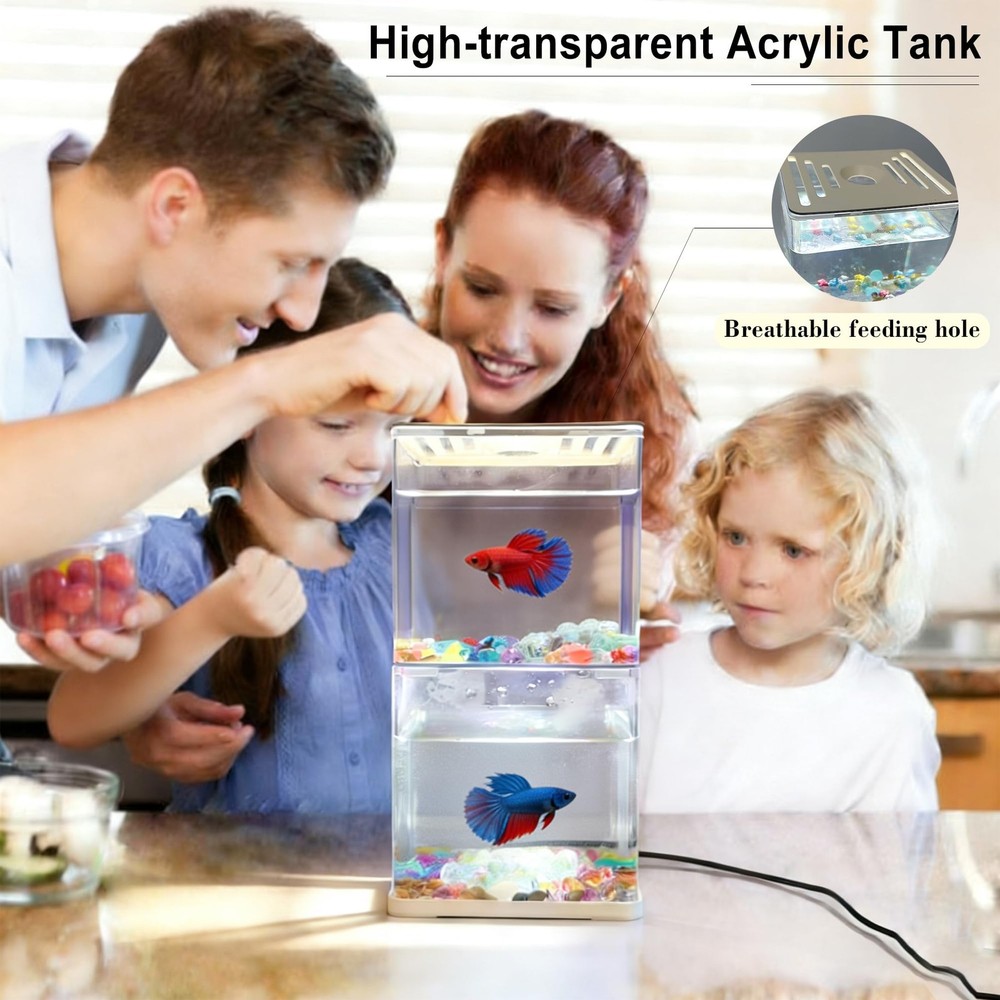 2 Pack 0.3 Gallon Mini Betta Fish Tank With Adjustable Base Light White