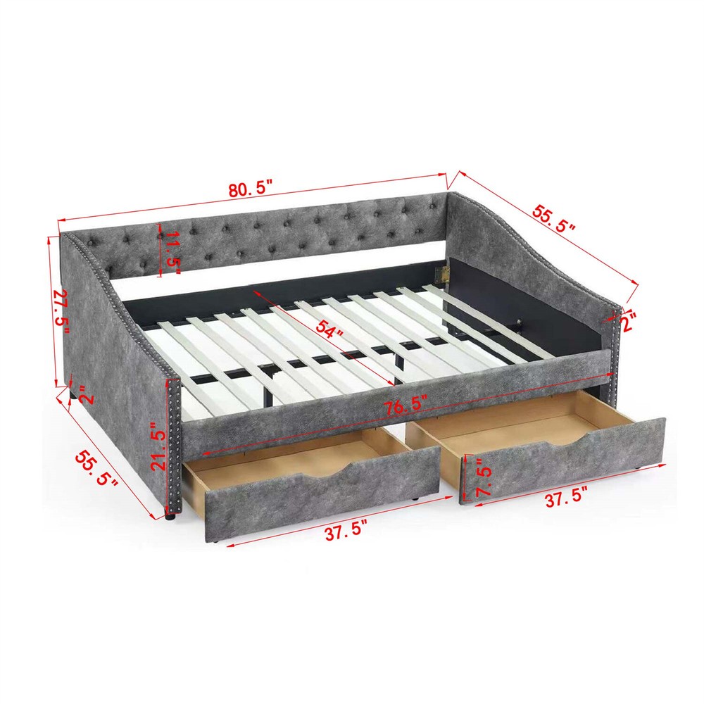 Full Size Daybed Upholstered Bed Frame Sofa Bed w/ 2 Storage Drawer US