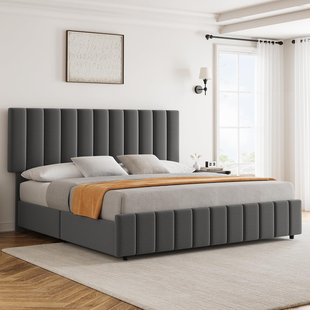 Queen Size Bed Frame with 4 Storage Drawers, Adjustable Height Headboard, Lin...