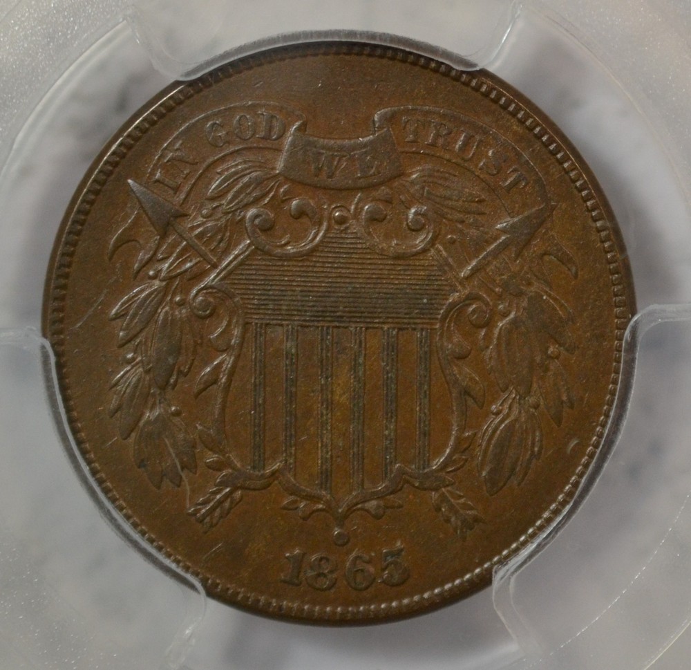 1865 2 cent, PCGS AU55