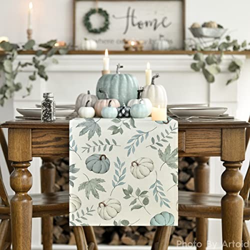 Pumpkins Fall Eucalyptus Leaves Table Runner, 13" x 72", Table Runner Blue