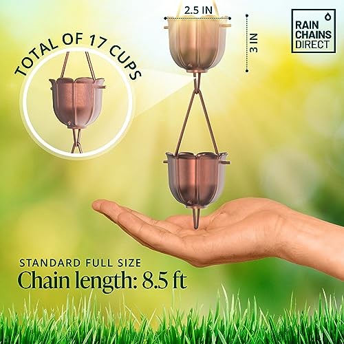 Rain Chains Direct - Flutes Rain Chain - 8.5 FT - Pure Solid Copper - Premium Ra