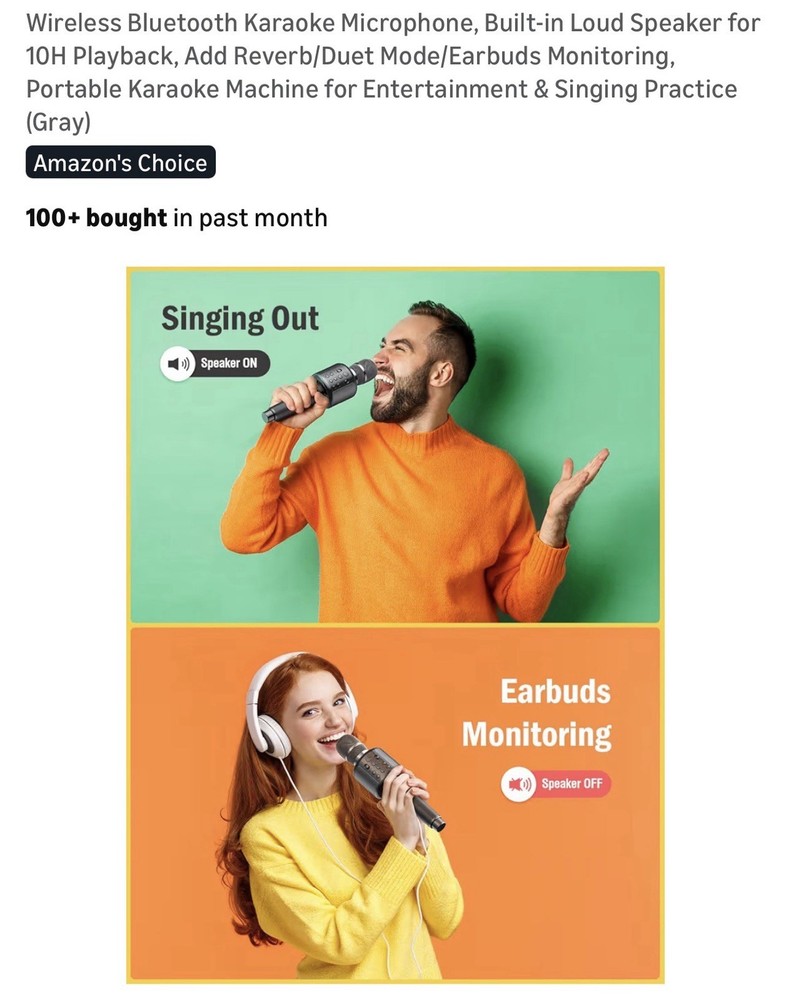 Wireless Bluetooth Karaoke Microphone 10H Playback Gray