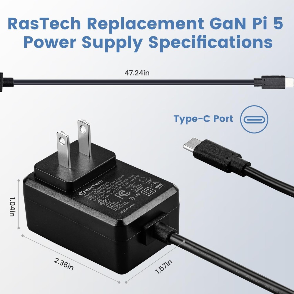 RasTech for Raspberry Pi 5 GaN PD 27W Power Supply 5, Black