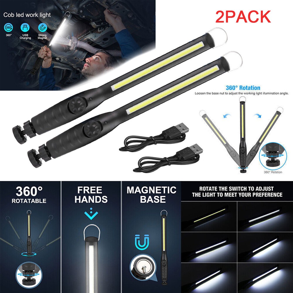 2 Pack Magnetic USB Rechargeable COB LED Slim Work Light Lamp Flashlight Torch