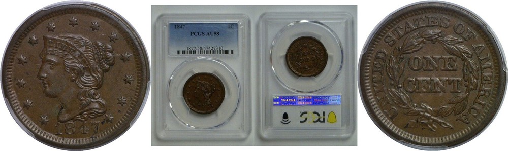 1847 Large Cent   PCGS AU-58