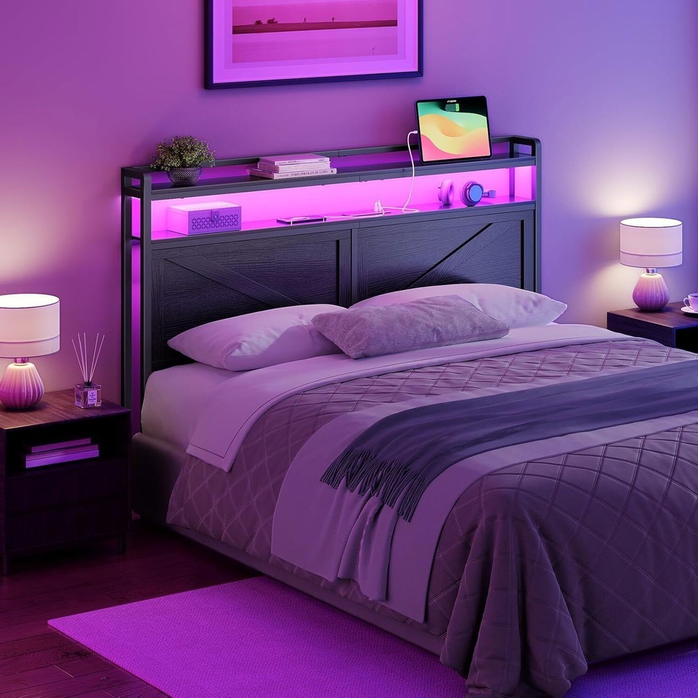 Queen Headboard Headboard w/Charging Station Storage Headboard Height Adjustable