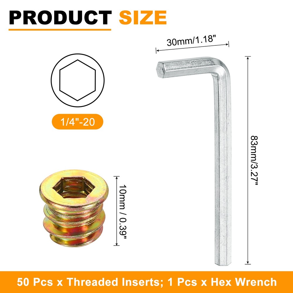 50 Pcs Threaded Insert for Wood, 1/4" - 20 Threaded Studs 10mm Length, Gold