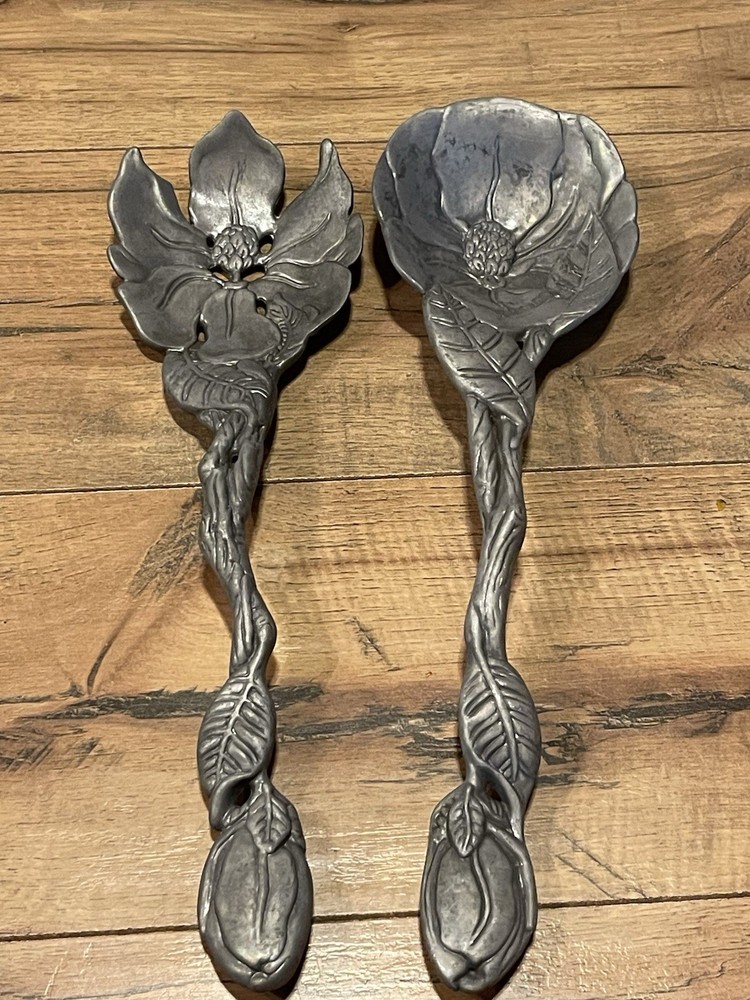 Aluminum "Magnolia" Serving Utensil Set Spoon & Fork Pair ~ EUC