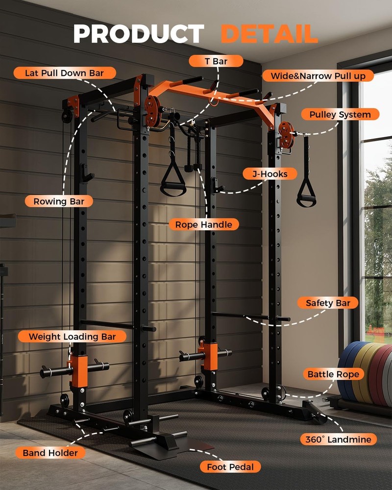 2000LBS Power Cage Squat Rack for Home Gym with Cable Crossover System Workout