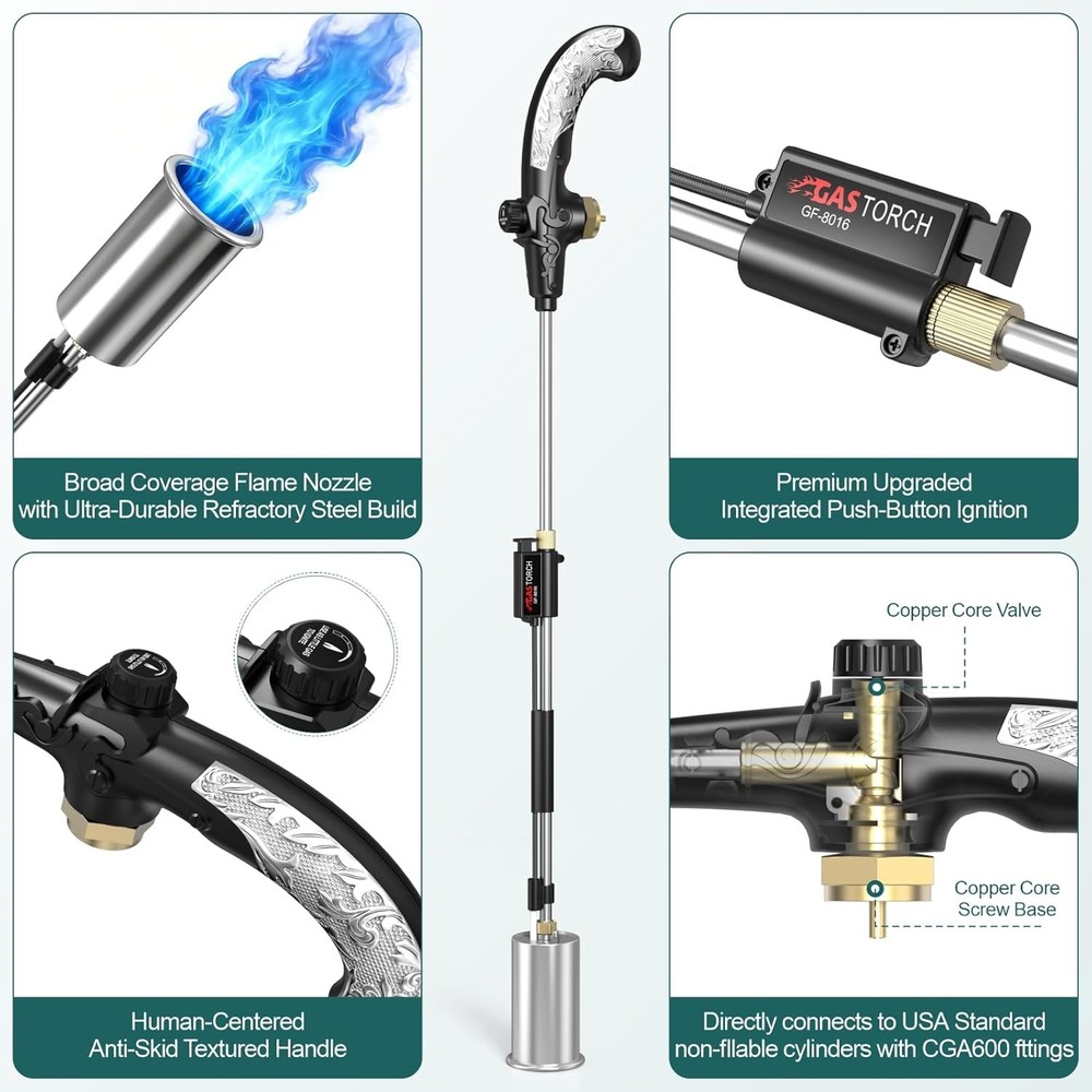 Weed Torch with Push Button Igniter, Propane Burner Flame Weeder Torch for Weeds