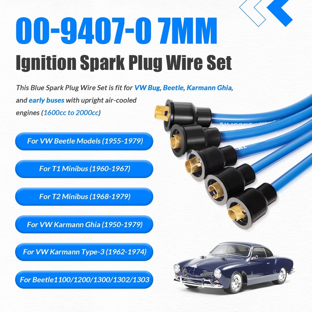 7mm Blue Ignition Spark Plug Wire Set 00-9407-0 Compatible with VW Type 1