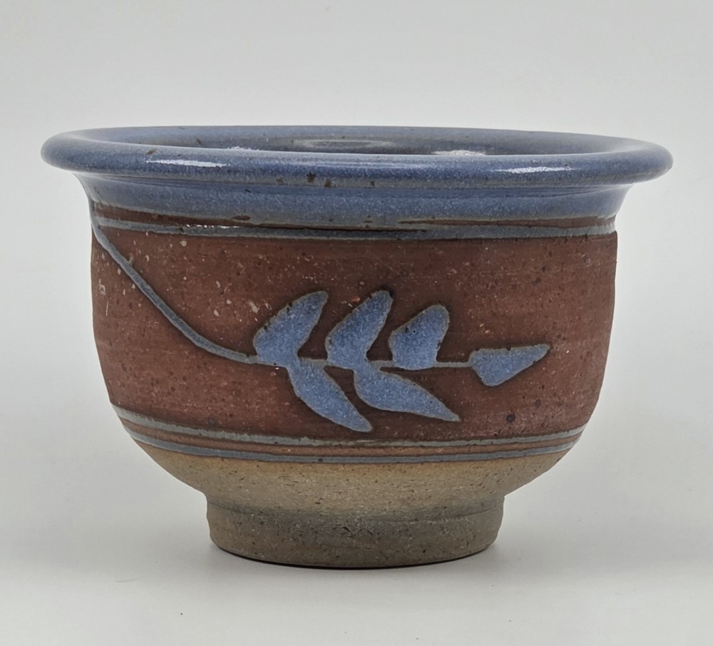 Stoneware Pottery Planter Pot Rustic Glossy Blue Raised Leaf Reddish Matte Small