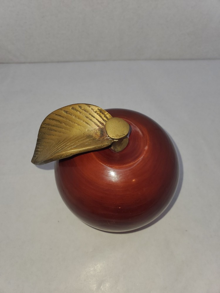 Beautiful Solid Wood Apple Paperweight With Brass Leave
