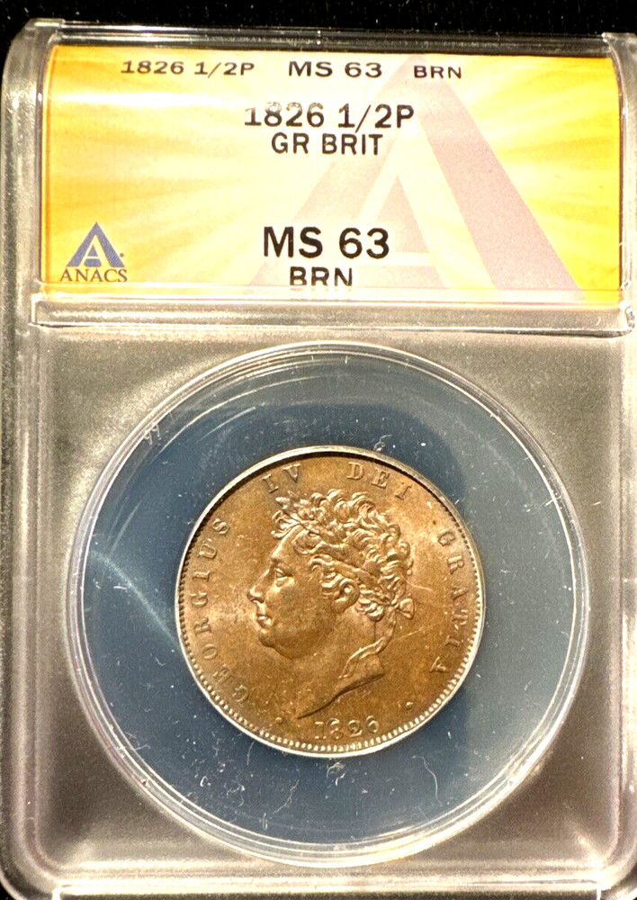 Great Britain 1826 half penny KM ANACS MS 63 brn