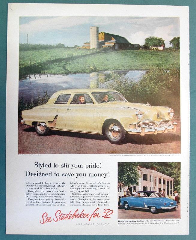 Original 1952 Studebaker Ad State Commander V-8 2 Door Sedan in Shell Ivory