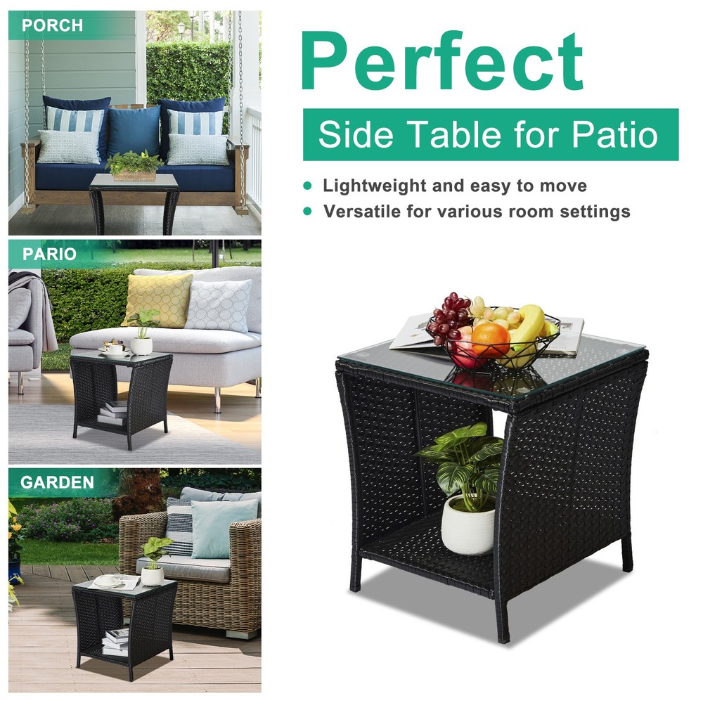 Outdoor Black Wicker Side Table Rattan Square Side Table Courtyard Coffee Bistro