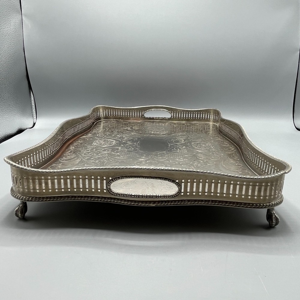 Vintage Silver Plate Footed Gallery Serving Tray Rectangular Serpentine Cocktail