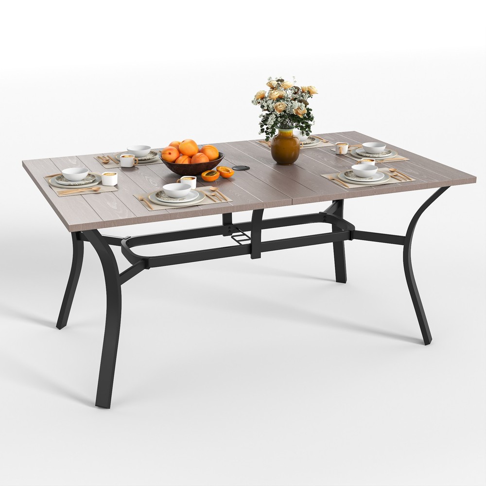 63"x37.8" Rectangular Patio Dining Table Wood Grain Metal Table W/ Umbrella Hole