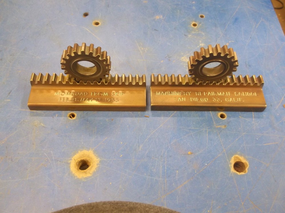 VTG MACHINE AGE PAIR SOLID BRASS GEAR MOUNTED BOOKENDS PERSONALIZED