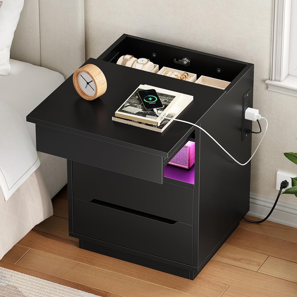 LED Nightstand with Charging Station Black
