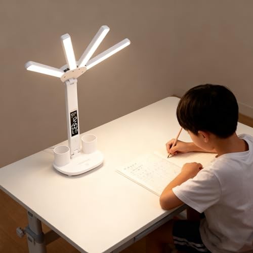 Led Desk Lamp with Clock Foldable Study Lamp 3 Lighting Modes Table with clock