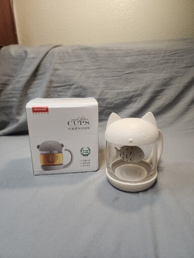 Kitty Cat Tea Cup Mug & diffuser infuser strainer,  Glass body fish cute NEW