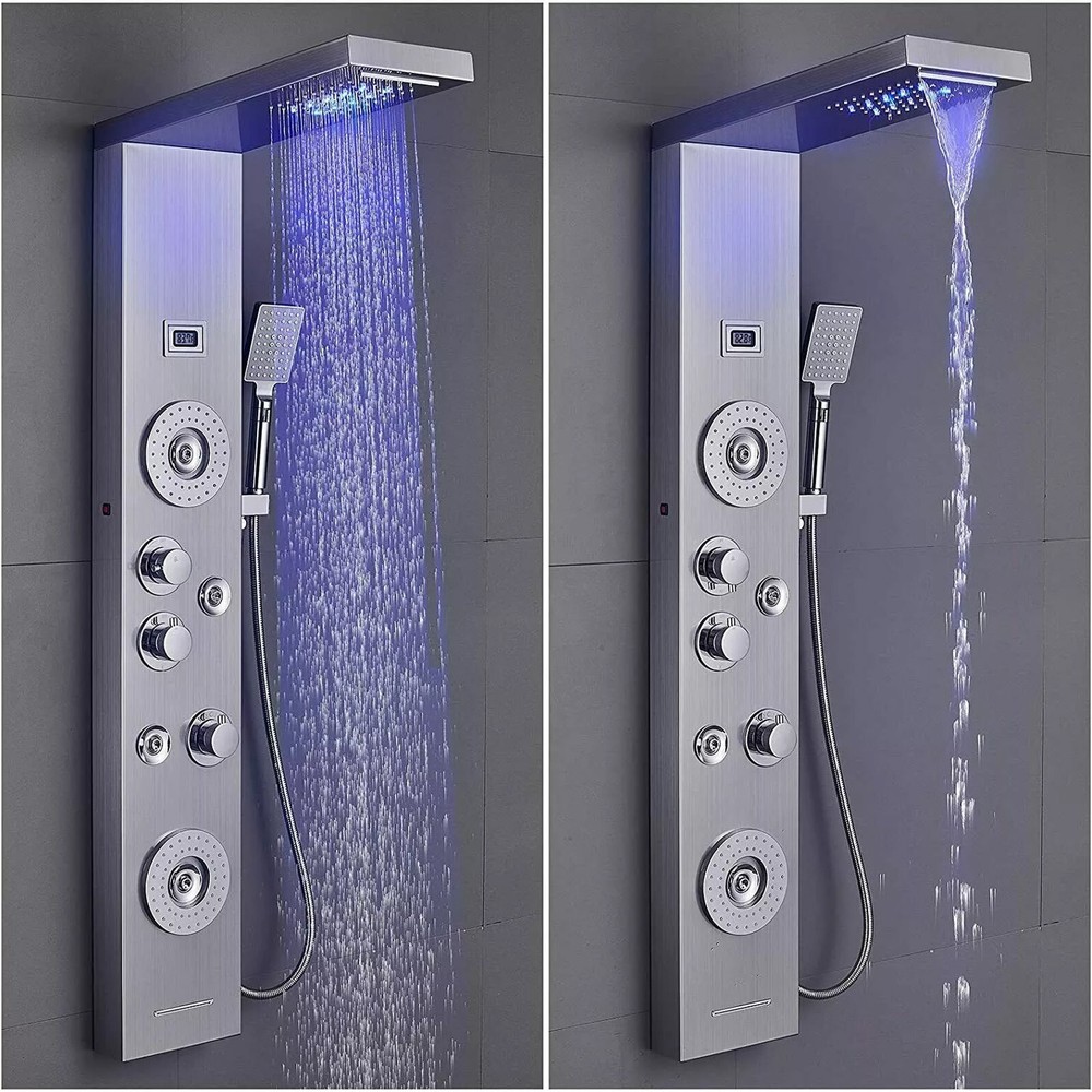 Brushed Shower Panel Tower System LED Rain Waterfall Head Combo Body Massage Jet