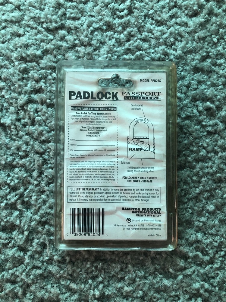 Hampton 1995 Passport Collection 1” SOLID BRASS Padlock 2 Keys 2 Locks NEW