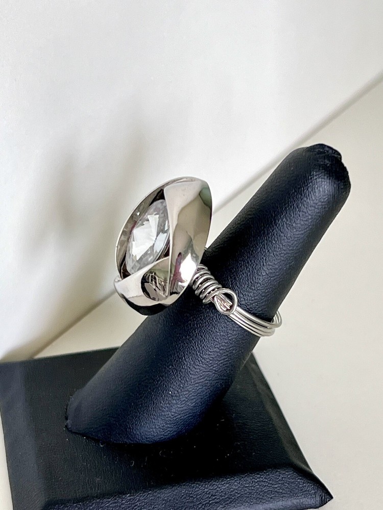 Silver and Crystal Wire Wrapped Button Ring Statement Piece Size 7