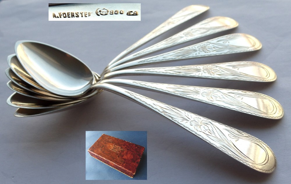 Set 6 Spoons A. FOERSTER Hand-Engraved 800 Silver around 1900 E553