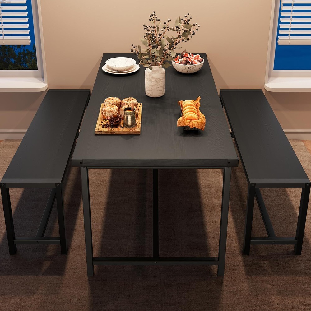 Kitchen Table with 2 Benches ,3 Piece Dining Table Set for 4 ,Dinette Set Black