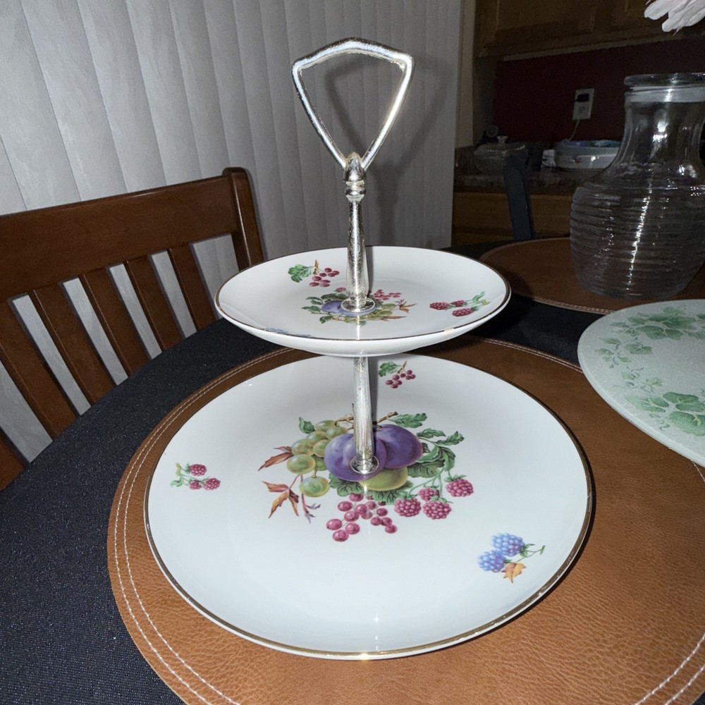 Vintage Snack Tray Two-Tier With Handle, Fruit Motif Great Spring Table Setting