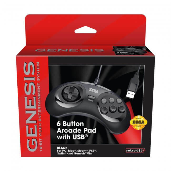 Retro-Bit Official USB Controller 6-Button for Sega Genesis Mini PC/Mac Black